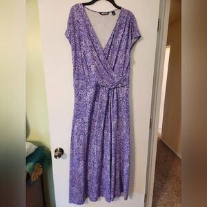Lands' End Purple Ruched Maxi Dress V-Neck Long Sleeve